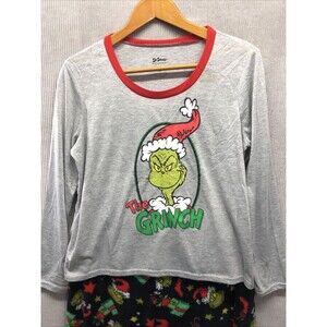 Dr. Seuss Womens Pajama Set Size XL Gray The Grinch Fleece Bottoms